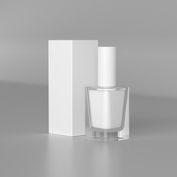 3d Rendering Of Empty White Bottle Of Nail Polish And White Box Mockup To Show Package Design