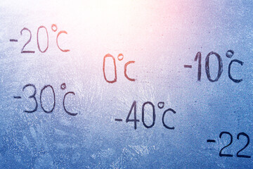 degrees -10 -20 -30 - 40 0 Celsius number lettering on icy glass covered with ice and frost. The concept of extreme cold weather.
