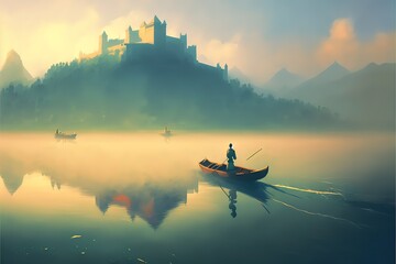A boy swims near the castle in the fog