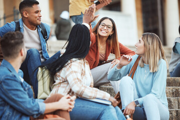 Talking, students or high five on university stairs, college campus bleachers or school steps for education diversity success. Smile, happy friends or partnership gesture in learning goals or target