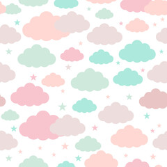 Clouds and stars in pastel colors seamless patterns