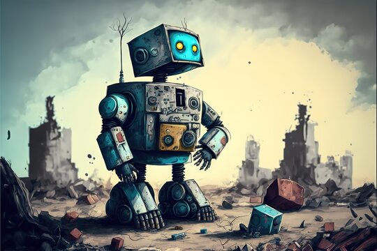 The robot walks around the destroyed city, only robots survived