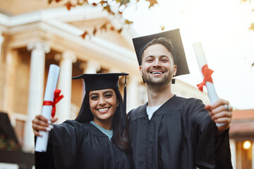 Education, graduation and celebration, portrait of students with certificate in outside university...