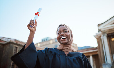 Education, graduation and portrait of Muslim woman at university, college and academic campus with...