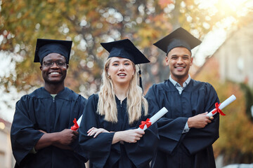 Education, arms crossed and portrait of friends at a graduation for future success, school certificate and college motivation in Canada. Graduate, happy and students with a diploma from university