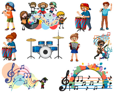 Kids musical instruments and music symbols set