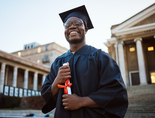 University diploma, graduation and portrait of a black man at campus to celebrate success in...