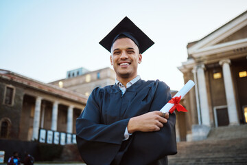 University, graduation and happy man with a diploma scroll standing outdoor of his campus. Education, scholarship and male graduate from Mexico with academic certificate or degree for college success - Powered by Adobe
