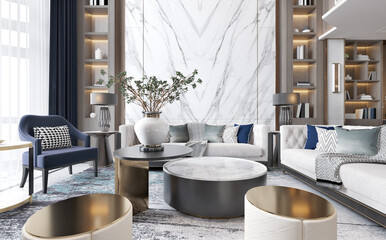 The modern luxury interior of the living room is bright and clean. 3D illustration