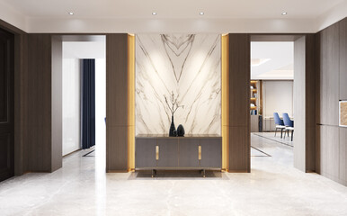 Interior modern style hallway decorated with wood and marble. 3D illustration