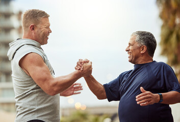 Old man, fitness and people handshake for health, lose weight or wellness thank you, support and...