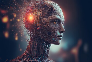 illustration of a futuristic robot with cybermatic system design character with glow light, idea concept for Artificial Intelligent , the future and development of Ai. Generative Ai