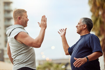 High five, hand shake and senior friends in the city outdoor for a workout, exercise or running....