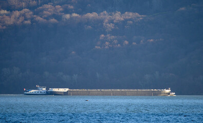 Ship-barge on the Danube. Transport of goods on the Danube.