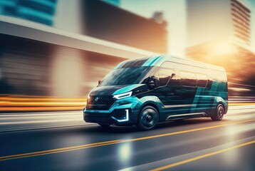 Obraz premium hi-tech future car with light trail and speed blur cityscape background