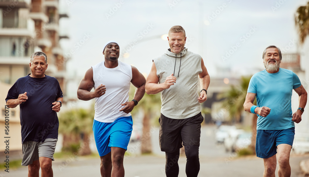 Wall mural Fitness, running and teamwork with senior friends in city for stamina, cardio or endurance training. Sport, jogging and goal with group of men runner sprinting in town for workout, exercise or health