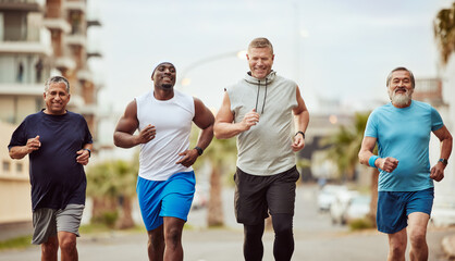 Fitness, running and teamwork with senior friends in city for stamina, cardio or endurance...