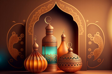 Obraz premium Ramadan Kareem greeting photo of beautiful Arabic lantern, mosque and Islamic details. 