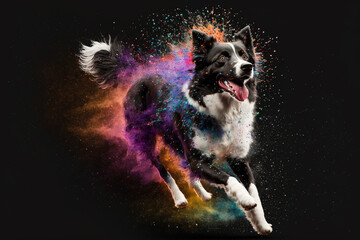 Border collie running through colorful powder. Generative Ai.  