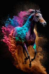 Beautiful horse in a dark background running through colorful powder