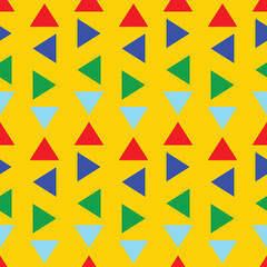 colorful triangle abstract shapes in seamless pattern on yellow backgroud, gift wrapping paper, infinite point, clothes, shirts, dresses, paper, gift, white background, Vector background.