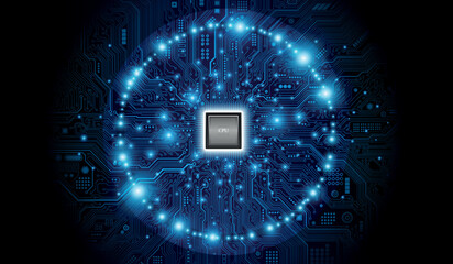 CPU Chip on Motherboard. Central Computer Processors CPU concept. Quantum computer, large data processing, database concept. Futuristic microchip processor. Digital chip.