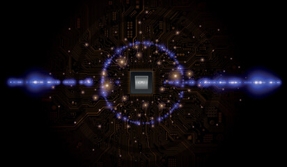 CPU Chip on Motherboard. Central Computer Processors CPU concept. Quantum computer, large data processing, database concept. Futuristic microchip processor. Digital chip.