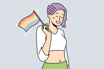 Smiling eccentric girl holding LGBT flag in hands. Happy woman support LGBTQ movement. Freedom of rights and pride parade, homosexuality. Vector illustration. 