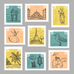 Colorful post stamp set with thailand, turkey