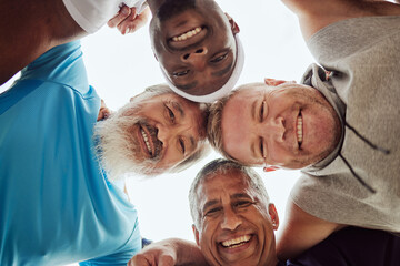 Motivation, senior or friends with fitness goals, support or hope in huddle bonding in training, exercise or workout. Low angle, partnership or healthy group of elderly or happy sports men portrait