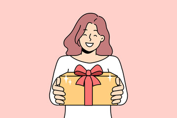 Smiling young woman hold wrapped beautiful present in hands congratulate with Christmas. Happy girl give gift greeting with New Year holidays. Vector illustration. 