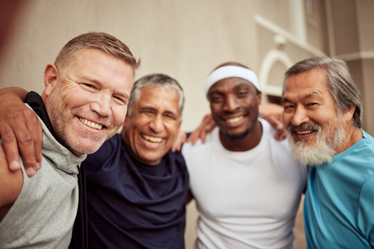 Senior men, fitness and smile portrait outdoor together for exercise motivation, retirement health support and diversity on training workout. Elderly athletes, happiness and sports friends wellness