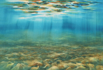 Sea underwater. Light rays on the blue watercolor background
