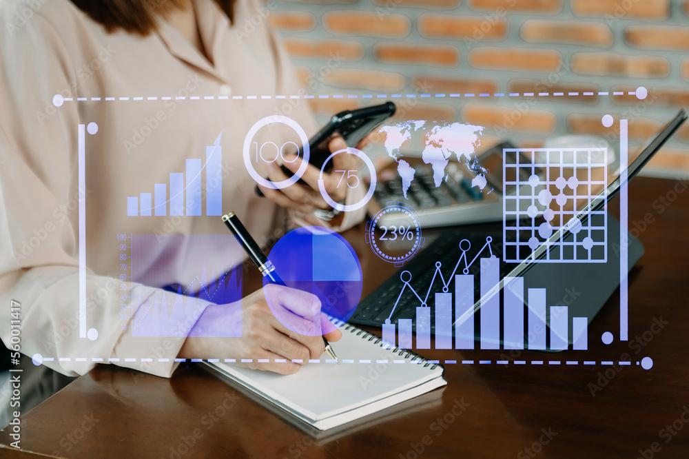Poster data management system with business analytics concept. business team hands working with provide inf