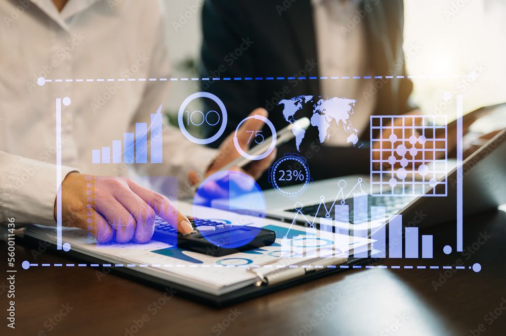 Poster data management system with business analytics concept. business team hands working with provide inf