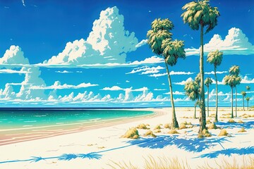 Deserted Anime Tropical Beach Background, Abstract Art, Digital Illustration