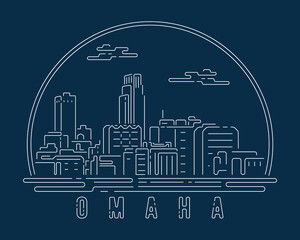 Omaha - Cityscape with white abstract line corner curve modern style on dark blue background, building skyline city vector illustration design