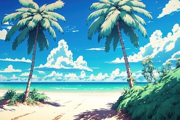 Naklejka na ściany i meble Deserted Anime Tropical Beach Background, Abstract Art, Digital Illustration, Generative AI