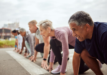 Start, fitness or senior people in a marathon race with running goals in workout or runners...