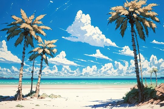 Deserted Anime Tropical Beach Background, Abstract Art, Digital Illustration