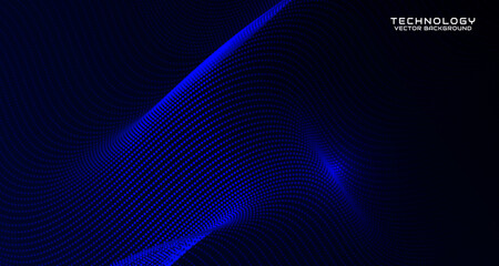 Blue techno abstract background on dark space with waving particles style effect. Graphic design element with 3d moving dots flow concept for banner, flyer, card, brochure cover, or landing page