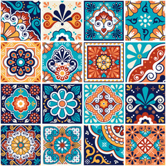 Mexican talavera tiles big collection, decorative seamless vector pattern set with flowers, leaves ans swirls in turquoise green and orange
