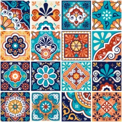 Gordijnen Mexican talavera tiles big collection, decorative seamless vector pattern set with flowers, leaves ans swirls in turquoise green and orange  © redkoala