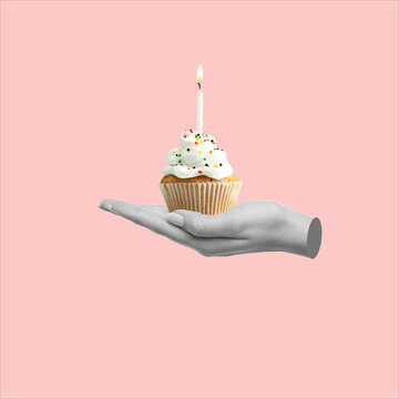 Contemporary art collage of hand holding a cupcake with a burning candle. Party time. Concept of birthday invitation design. Copy space for ad.
