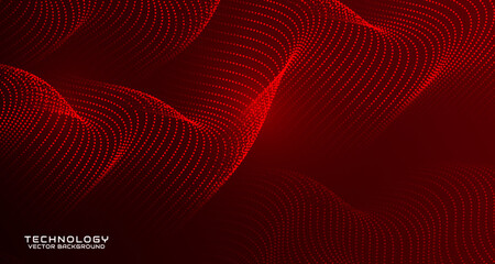 Red techno abstract background on dark space with waving particles style effect. Graphic design element with 3d moving dots flow concept for banner, flyer, card, brochure cover, or landing page