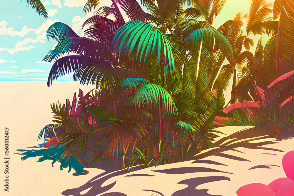 Wall mural 80s Tropical sunset. Generative AI