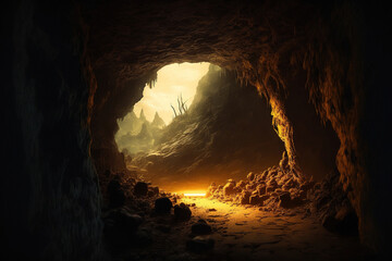 dark natural cave with cinematic lighting