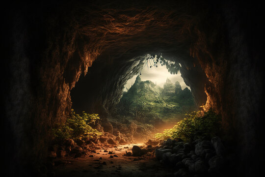 dark natural cave with cinematic lighting
