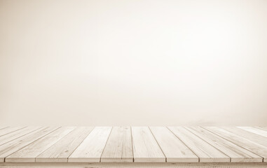 Wooden terrace the blurred and Christmas background concept. Wood white table top perspective in...
