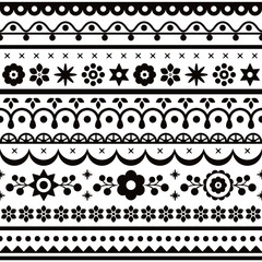 Polish floral folk art vector seamless textile pattern collections with flowers inspired by traditional highlanders embroidery Lachy Sadeckie in black and white
	 - obrazy, fototapety, plakaty